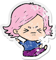 distressed sticker of a cartoon angry girl