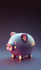 Piggy bank on purple background with copy space, vertical 3D illustration