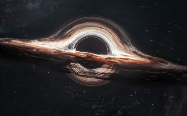3D illustration of Black hole absorbing light in deep space. 5K realistic science fiction art. Elements of image provided by Nasa