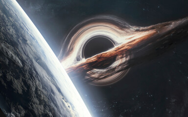3D illustration of Black hole absorbing light in deep space. 5K realistic science fiction art....