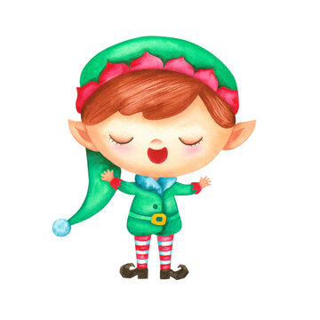 Cute Christmas elf watercolor character. Kawaii elf boy in green costume and funny hat smiling and singing carols. Hand drawn festive winter illustration. Chibi watercolor art for card, poster, print.