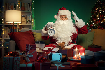 Stressed Santa Claus preparing gifts