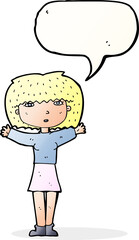 cartoon woman raising arms in air with speech bubble