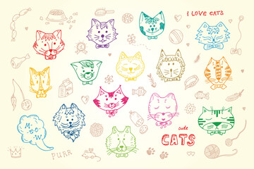 Cats Vector Set. Cats faces icons. Hand Drawn Doodles Cats and accessories for pets