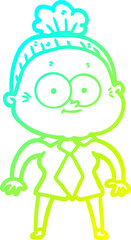 cold gradient line drawing of a cartoon happy old woman