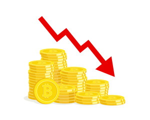 The price of bitcoin is falling. Stack of bitcoins and red down arrow. Negative outlook on the cryptocurrency exchange rate. - 537626914