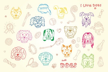 Dogs Vector Set. Dogs faces icons. Hand Drawn Doodles Dogs and accessories for pets
