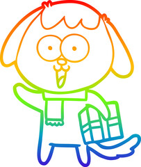 rainbow gradient line drawing of a cute cartoon dog with christmas present