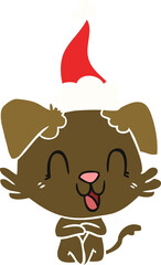 laughing hand drawn flat color illustration of a dog wearing santa hat