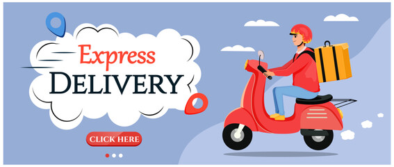 The guy on a scooter rides to the customers of the transportation and delivery of the parcel. Vector stock illustration. Lilac background. Modern cartoon style. Character in a helmet on transport.