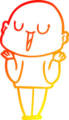warm gradient line drawing of a happy cartoon bald man shrugging shoulders