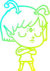 cold gradient line drawing of a cartoon alien girl