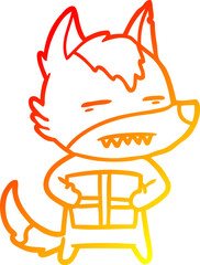warm gradient line drawing of a cartoon wolf with a gift