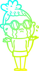 cold gradient line drawing of a cartoon crying woman wearing spectacles
