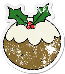 distressed sticker of a quirky hand drawn cartoon christmas pudding