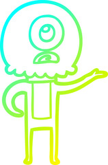 cold gradient line drawing of a cartoon cyclops alien spaceman explaining