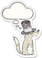 cartoon wolf whistling wearing top hat with thought bubble as a distressed worn sticker