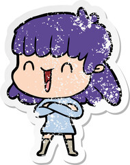 distressed sticker of a cartoon woman laughing