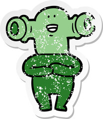 distressed sticker of a friendly cartoon alien