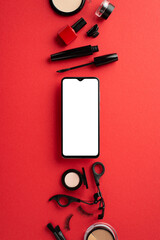 Black friday concept. Top view vertical photo of smartphone mascara false eyelashes eyeshadow nail...