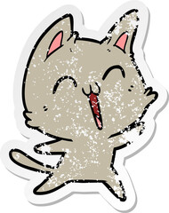 distressed sticker of a happy cartoon cat
