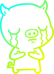 cold gradient line drawing of a cartoon pig crying