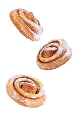 Cinnamon roll bun with sugar sprinkles on a white isolated background