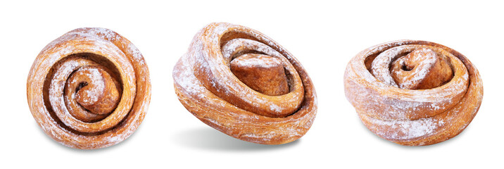 Cinnamon roll bun with sugar sprinkles on a white isolated background