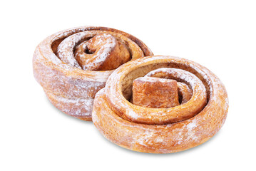 Cinnamon roll bun with sugar sprinkles on a white isolated background