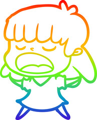 rainbow gradient line drawing of a cartoon woman talking loudly