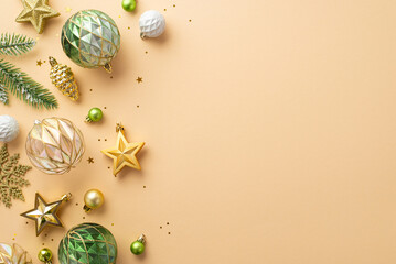 Christmas tree decorations concept. Top view photo of white transparent gold green baubles snowflake pine cone star ornaments spruce branches and confetti on isolated beige background with empty space