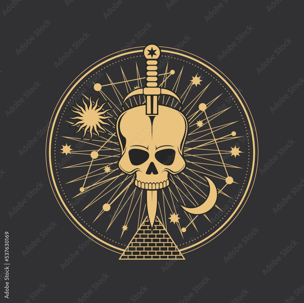 Wall mural occult pentagram, skull and pyramid, magic tarot and esoteric vector symbol. occultism and magic alc