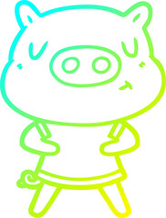 cold gradient line drawing of a cartoon content pig wearing t shirt