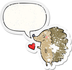 cute cartoon hedgehog with speech bubble distressed distressed old sticker