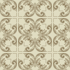 Hand Drawn Vintage damask ornamental elements endless background. Baroque scroll ornament seamless pattern. Elegant abstract floral pattern in antique style. Decorative foliage swirl.