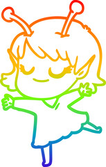 rainbow gradient line drawing of a smiling alien girl cartoon dancing