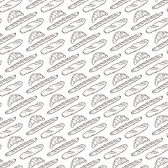 Hand drawn Bakery products. French Pastries Vector Seamless pattern. Bread, baguette and croissant