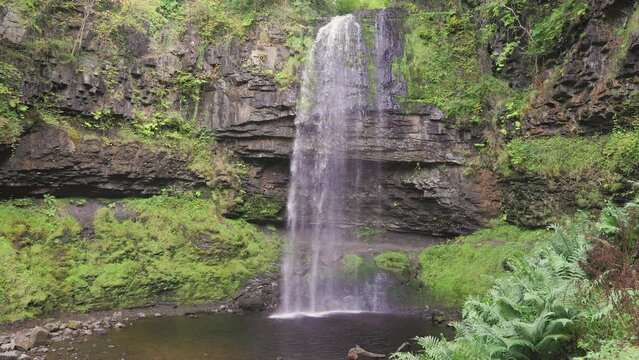 Tall waterfall in a forest area.  Henrhyd Falls - Wales