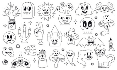 Stylized as an old cartoon set of black and white Halloween characters. Contoured vector funny figures and tatoo.