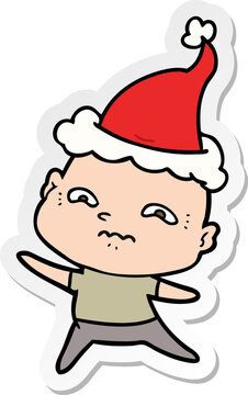 hand drawn sticker cartoon of a nervous man wearing santa hat