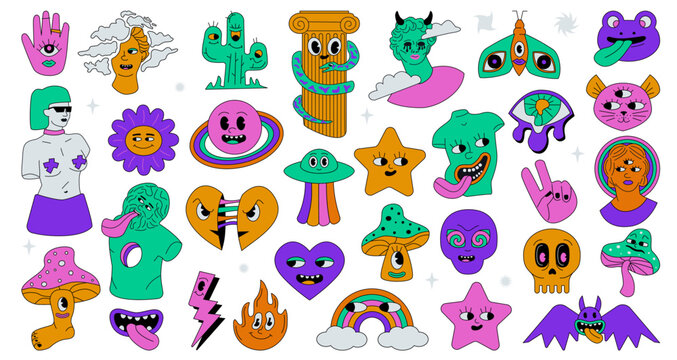 A set of acid trippy mad characters. Outlinned groovy signs.