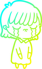 cold gradient line drawing of a cartoon woman crying