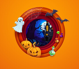 Halloween paper cut banner. Cartoon ghost, castle, candies and pumpkin. Vector background with 3d effect round papercut frame, haunted house, sweets, bats, spider webs, potion bottles, night cemetery