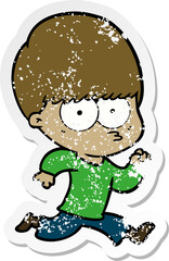 distressed sticker of a nervous cartoon boy