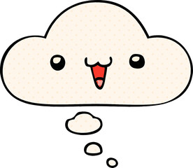 cute happy face cartoon with thought bubble in comic book style