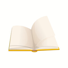 Cartoon open book with blank pages. Isolated vector textbook, bestseller, schoolbook with clean sheets. Opened dictionary, literature digest, novel or verses in yellow cover top view