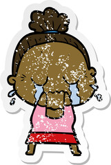 distressed sticker of a cartoon crying old lady