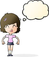 cartoon happy pretty woman  with thought bubble