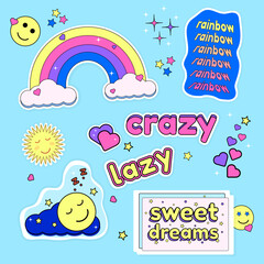 A set of y2k stickers with awesome fashionable surreal elements, a rainbow