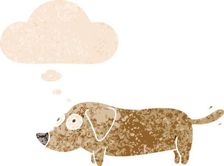 cartoon dog with thought bubble in grunge distressed retro textured style